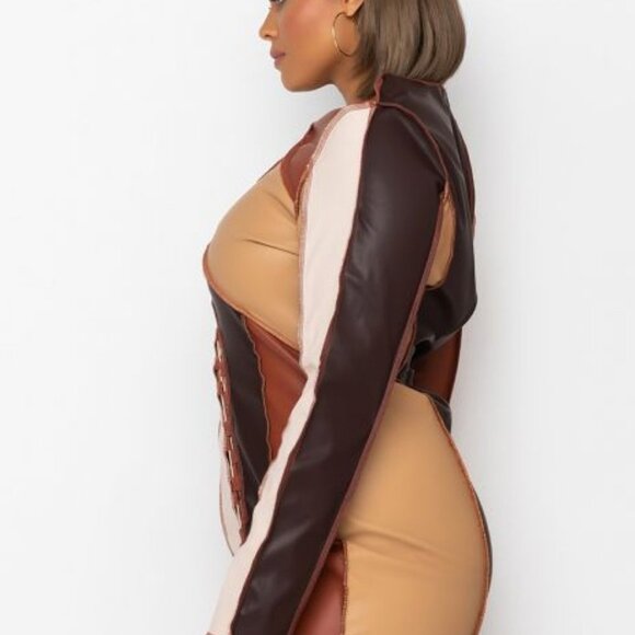 NO BAD DAYS FAUX LEATHER PATCHWORK MIDI DRESS - Picture 4 of 6